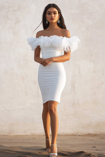 White Off The Shoulder Ruffle Bodycon Graduation Dress
